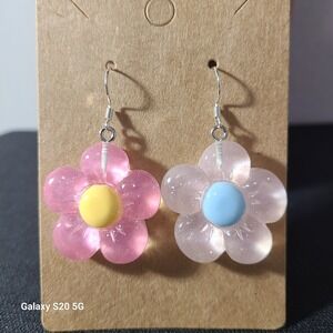 Handmade Mismatched Flower Earrings Pink Yellow‎ Blue Floral Funky Cute NWOT